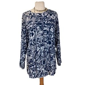 Vintage Print Blue and White Button Up Top